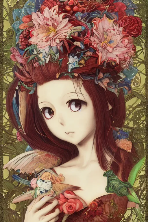 Prompt: anime portrait of a bird woman with exotic flowers on her head, detailed girl, high resolution 4k by Trevor Brown and James Jean pop art nouveau, Mark Ryden, vintage