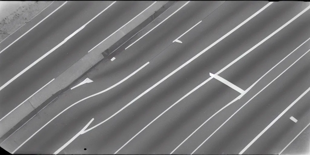 Prompt: Detailed analog polaroid photograph of an empty freeway seen from above, high contrast, film grain, azure tones, red color bleed