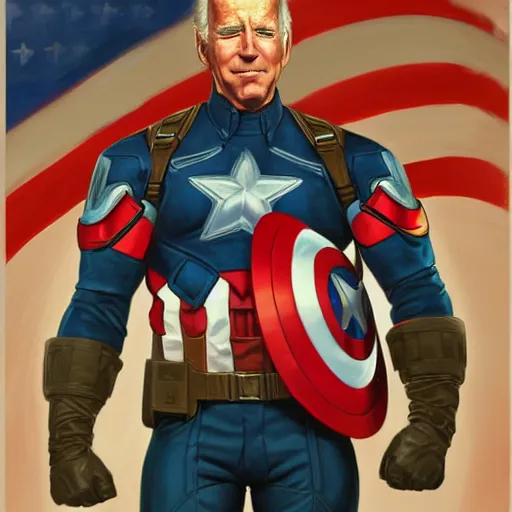 Prompt: full body concept art of Joe Biden as Captain America, oil on canvas, in the style of J.C. Leyendecker, Ross Tran and WLOP, 4k