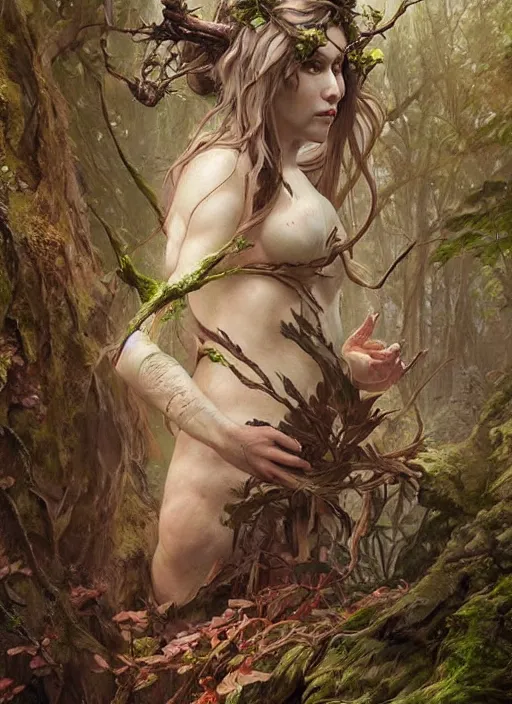 Image similar to a woodland spirit made from wood and moss, beautiful high quality realistic fantasy art, trending on artstation by artgerm and greg rutkowski and alphonse mucha