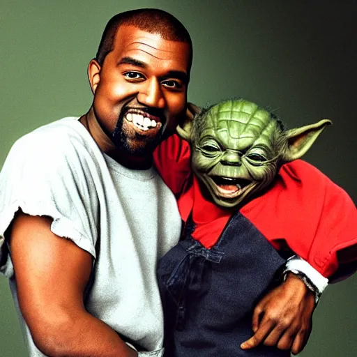 Image similar to kanye west smiling and holding yoda for a 1 9 9 0 s sitcom tv show, studio photograph, portrait