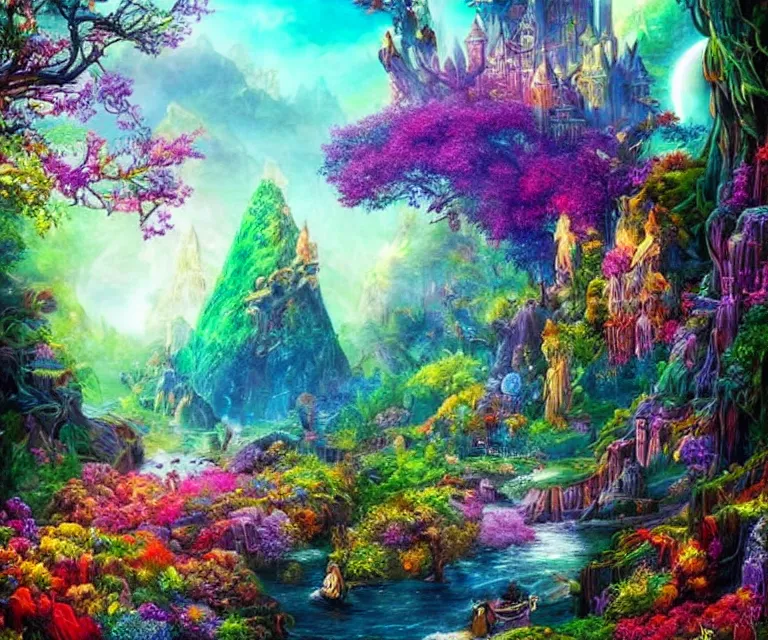 KREA - a mystical wonderland, high fantasy, magical elements, vibrant  colors, lush landscape