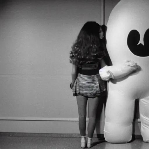 Image similar to 1978 teenage girl holds hands with smiley inflatable boyfriend at high school, color John Waters film, in school hallway, dirty walls, archival footage, technicolor film, 16mm, live action, Fellini, campy