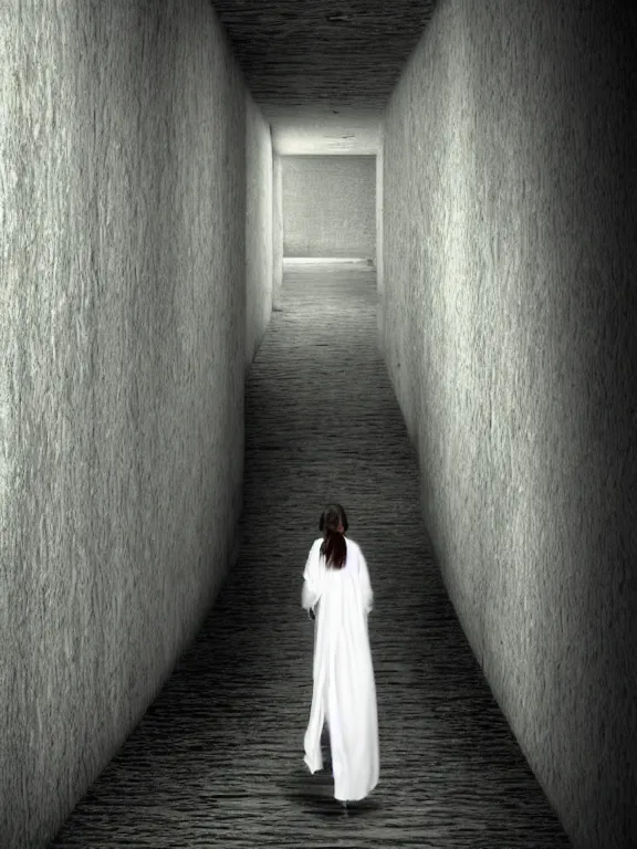Image similar to a slim indian girl walking in liminal space neverending hallways, in full white robe, solemn, trending on DeviantArt, face enhance, hyper detailed,