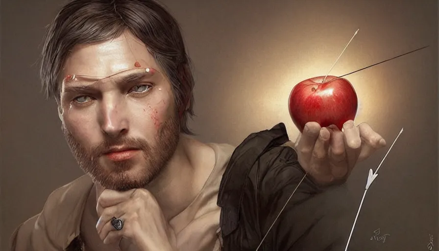 Image similar to william tell, shooting an arrow at an apple on steve jobs head, cyberpunk art by tom bagshaw, yumihiko amano, cgsociety, figurative art, toonami, zbrush, official art