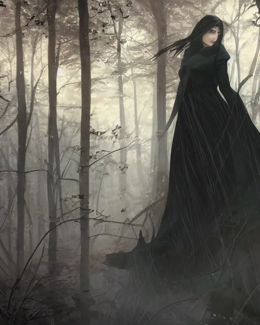 Image similar to elsa, winter, somber, sad, black dress, low light, foggy at dawn, sunlight visible through tree leaves, misty, magic, atmospheric art by artgerm and greg rutkowski and alphonse mucha and by artgerm, by studio muti, greg rutkowski makoto shinkai takashi takeuchi,