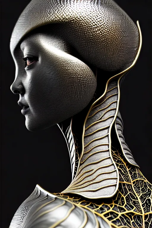 Image similar to bw close - up profile face, black background, beautiful young porcelain vegetal - dragon - cyborg - female, 1 5 0 mm, beautiful natural soft rim light, silver gold details, magnolia leaves and stems, roots, mandelbot fractal, elegant, ultra detailed, white metallic armour, octane render, h. r. giger style