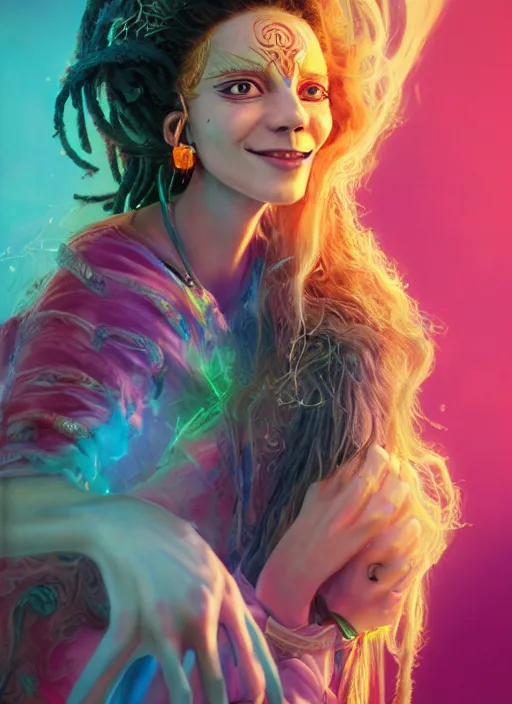 Image similar to an anthropomorphic beautiful smiling goddess female wizard portrait breathing fire wearing colourful robe, dreadlock breed hair, fine art, award winning, intricate, elegant, sharp focus, octane render, hyperrealistic, cinematic lighting, highly detailed, digital painting, 8 k concept art, art by jamie hewlett masterpiece, trending on artstation, 8 k