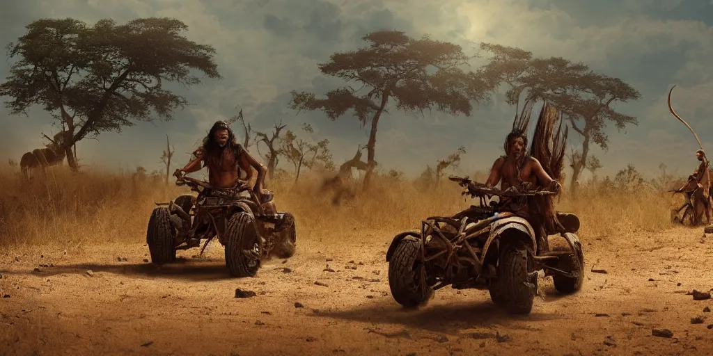 Image similar to photorealistic high speed photo ancient indian tribesman hunting on atv, wooden wheels, hunting buffalo herd ,attacking, chase, action scene, an epic fantasy, dramatic lighting, cinematic, establishing shot, extremely high detail, photorealistic, cinematic lighting, artstation, octane render, by simon stalenhag, horizon forbidden west,old photo, high speed photography, vintage, extreme sports