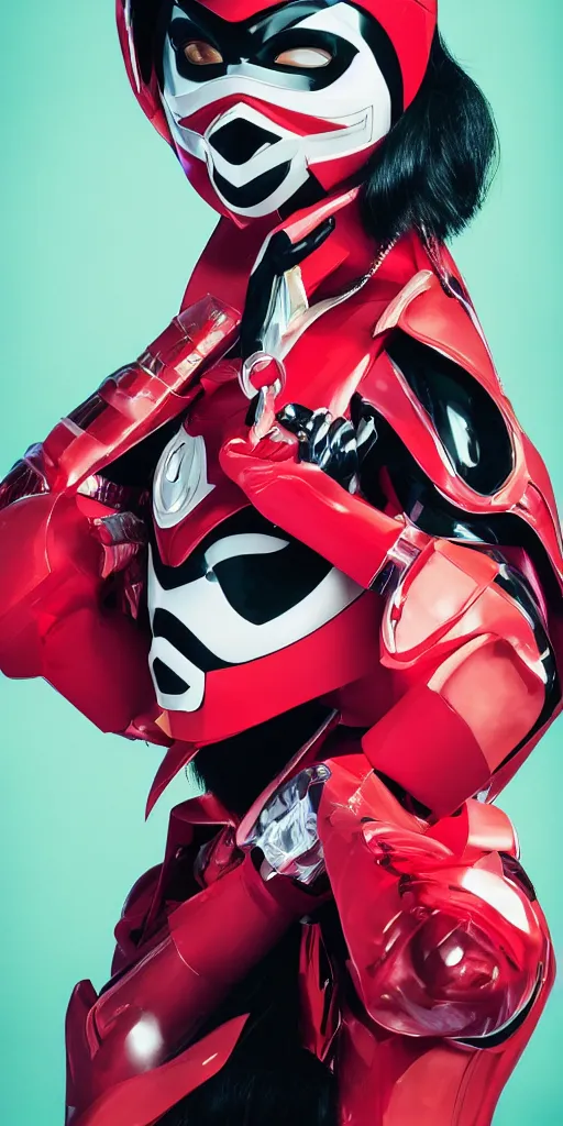 Prompt: portrait of a super sentai woman, editorial photography from vogue magazine, photography