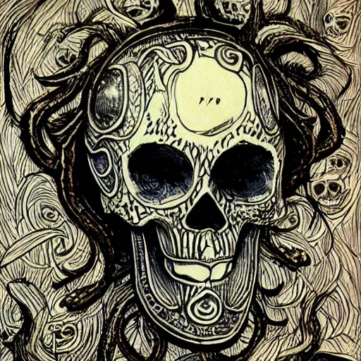 Image similar to portrait of skull with viking helmet and glowing eyes by rebecca guay, yoshitaka amano
