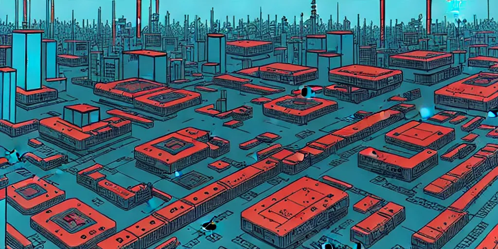 Image similar to areal view of mechanical futuristic brutalist city in the style of Akira!