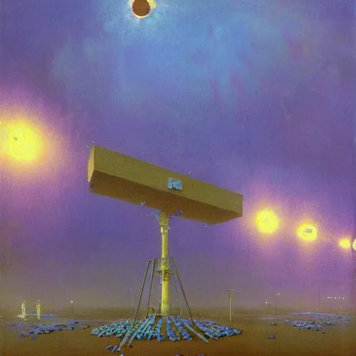 Prompt: detailed painting of a satellite station, exterior, floral ornaments, volumetrics lights, beam of bright lights through the clouds, beksinski, bougeureau