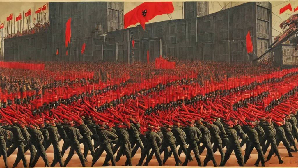 Image similar to army parade glorious march, futuristic alternate timeline, anarcho - communist hordes, red and black flags, modernist factories in background, art by max ernst, cnt spanish civil war era propaganda, extremely detailed, 4 k