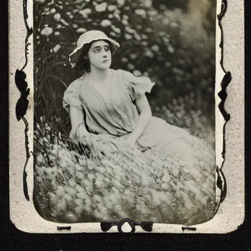 Prompt: 1910s tintype photograph of Annasophia robb relaxing in a flower field, ethnograph subject, old photo