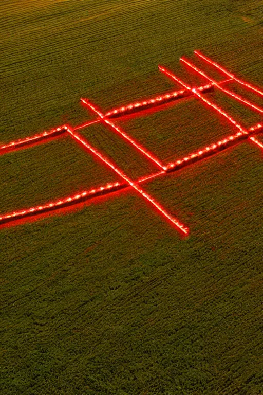 Image similar to Three giant red crosses made out of light beams in the center of a corn field