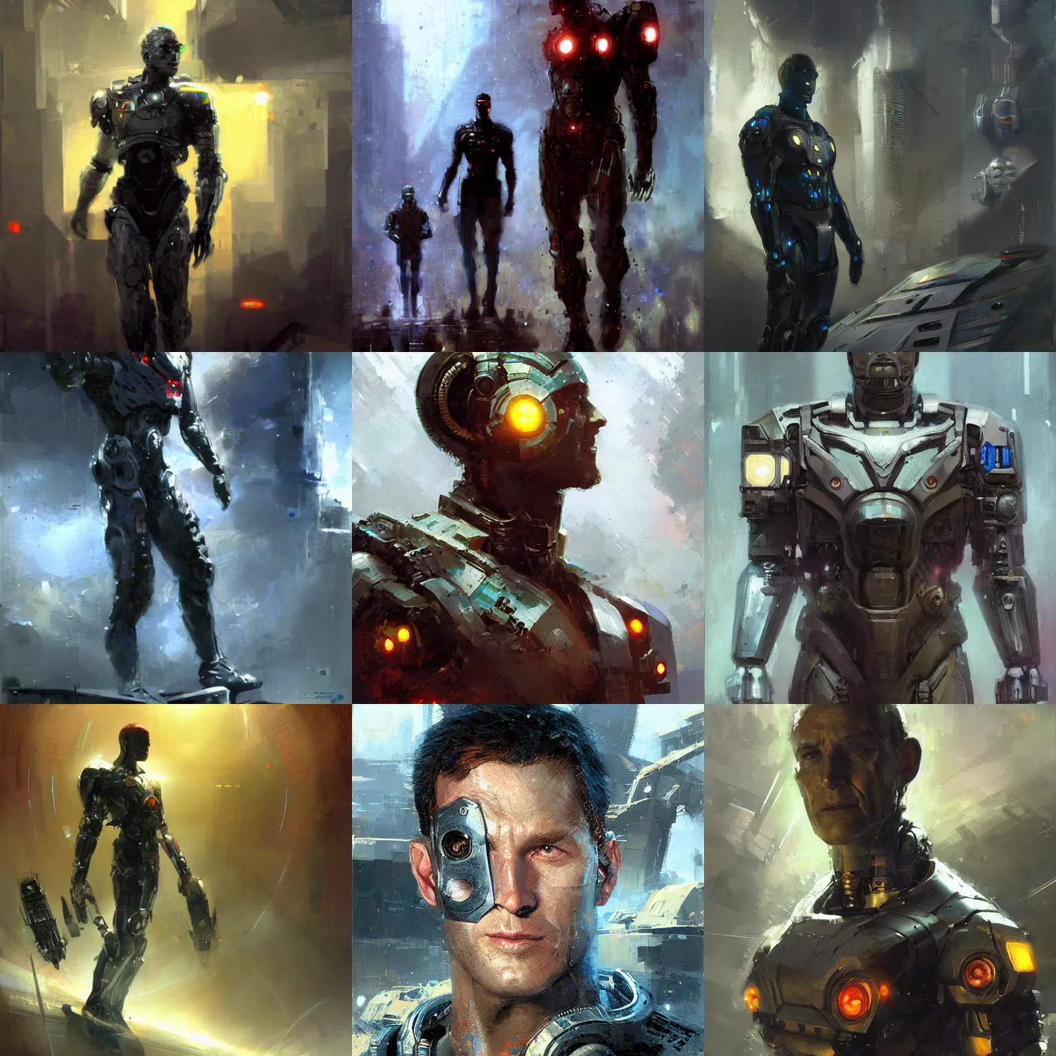 Prompt: heroic (((man))) cyborg, sci fi portrait by craig mullins