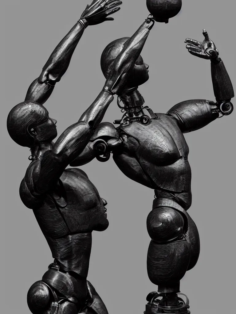 Image similar to The Discobolus of Myron sculpture as an I Robot, black paper, by mario feng, ray tracing, master shot, octane render, 8k, ultra hd, perfect light