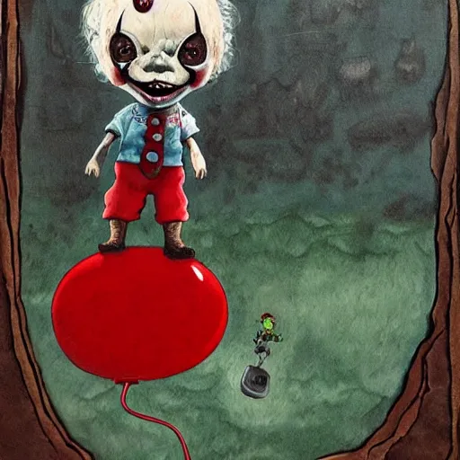 Image similar to grunge cartoon landscape painting of chucky with a wide smile and a red balloon by chris leib, loony toons style, pennywise style, horror theme, detailed, elegant, intricate