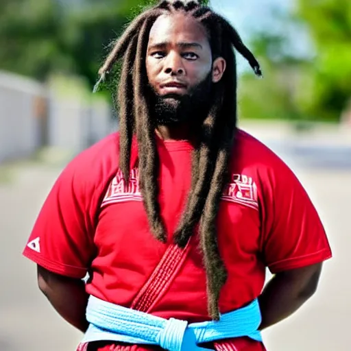 Image similar to photo of chubby black bjj athlete with long dreads posing, serious face, white belt