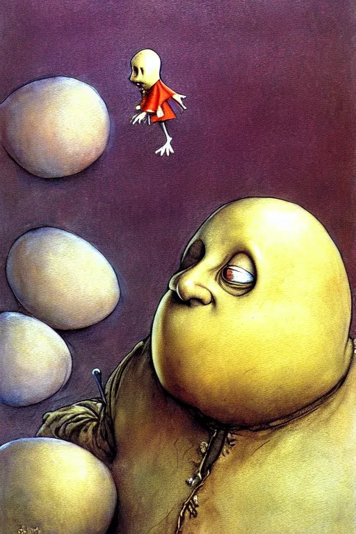 Image similar to brian froud, painting of humpty dumpty