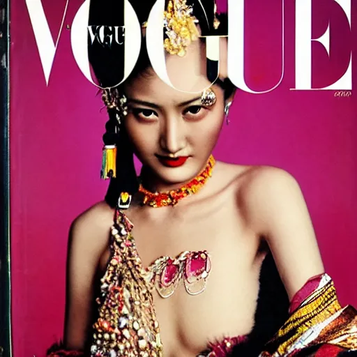 Image similar to a beautiful professional photograph by hamir sardar, herb ritts and ellen von unwerh for the cover of vogue magazine of a beautiful and unusually attractive tibetan female fashion model looking at the camera in a flirtatious way, zeiss 5 0 mm f 1. 8 lens