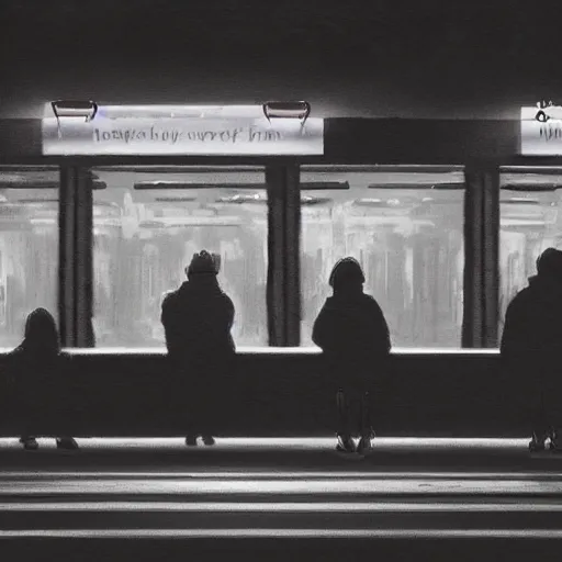 Prompt: wlop masterpiece, some people waiting in bus stop in dark city night, detailed, high quality, high resolution