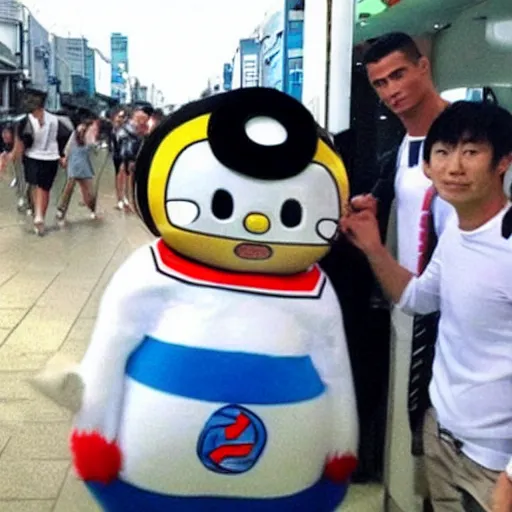 Prompt: cristiano ronaldo wearing a nazi uniform hanging with doraemon in japan