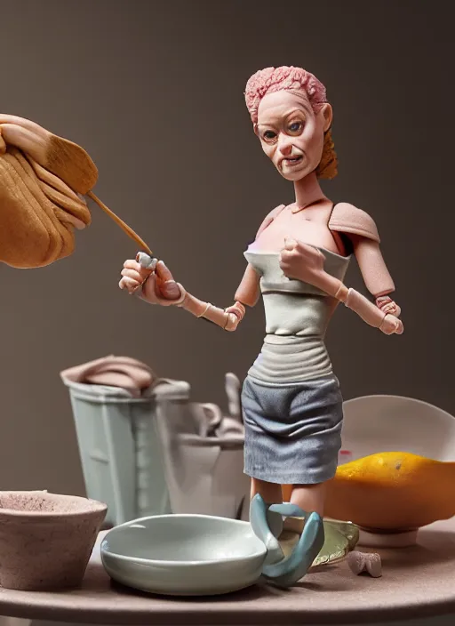 Image similar to product photography of a claymation action figure doutzen kroes doing the dishes, depth of field, zeiss lens, detailed, centered, by nicoletta ceccoli, mark ryden, erwin olaf, earl nore, frank frazetta, breathtaking, 8 k resolution, extremely detailed, beautiful, establishing shot, hyperrealistic