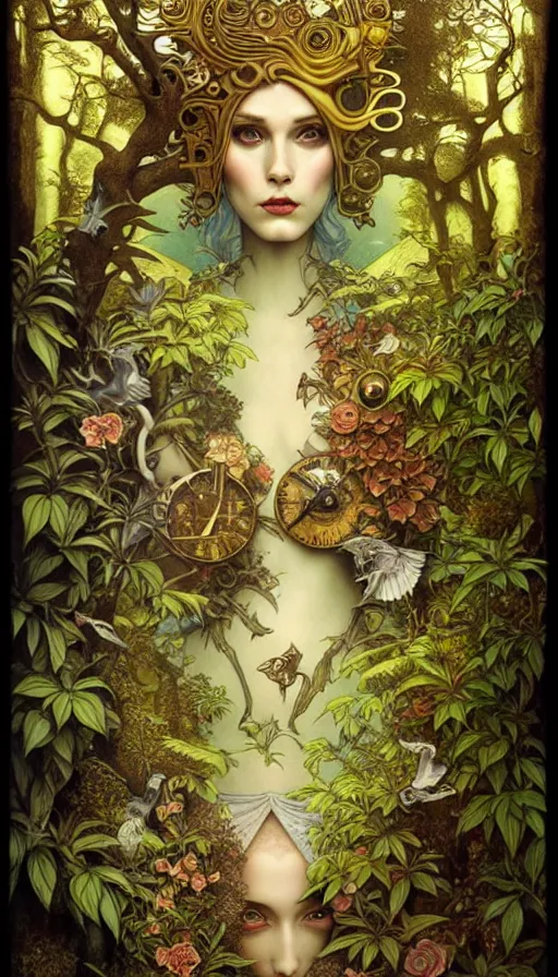 Image similar to M. C. Escher time machine, lush forest painted by tom bagshaw, mobius, mucha M. C. Escher, gold paint, ink, gnarly details