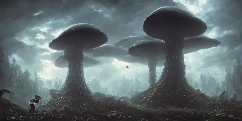 Image similar to ominous and powerful glowing mushroom kingdom, dark fantasy, Greg Rutkowski and Studio Ghibli and Ivan Shishkin