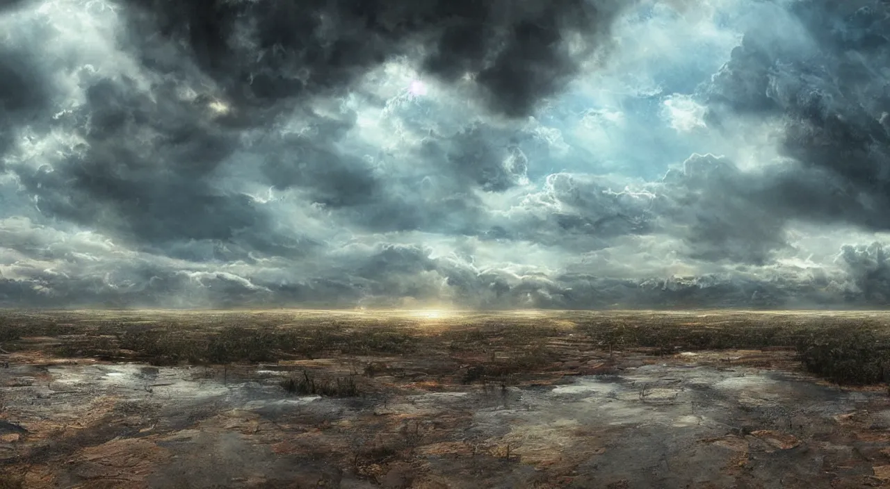 Prompt: The last rain on earth, hyper detailed photorealistic, dramatic lighting, global warming, blue sky