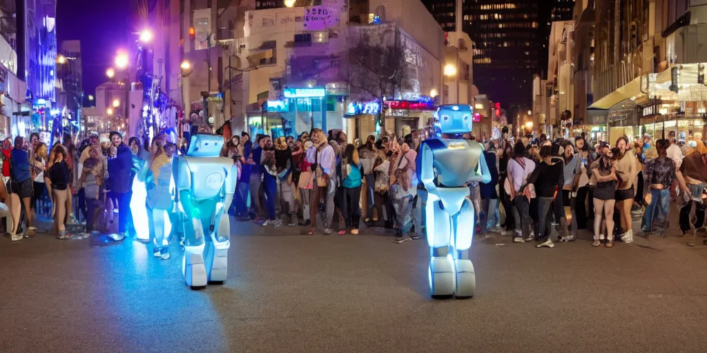 Prompt: two robots holding hands downtown at night in the middle of a crowd, wide angle, 24mm lens