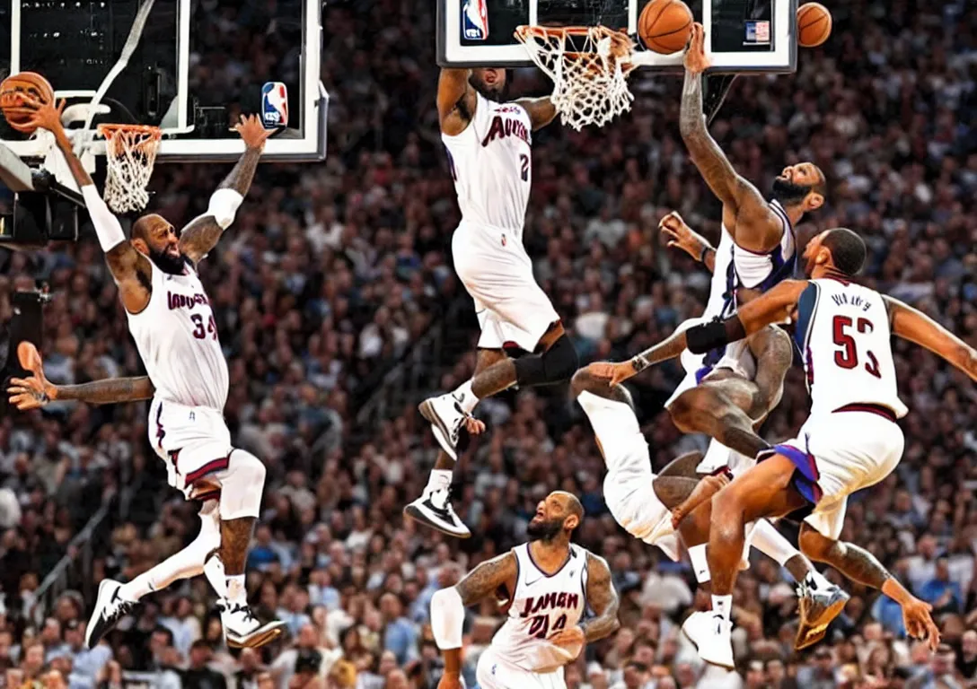 Image similar to a panoramic shot of adam sandler dunking on lebron james in the nba, highly detailed photo, zoomed out, adam sandler in focus