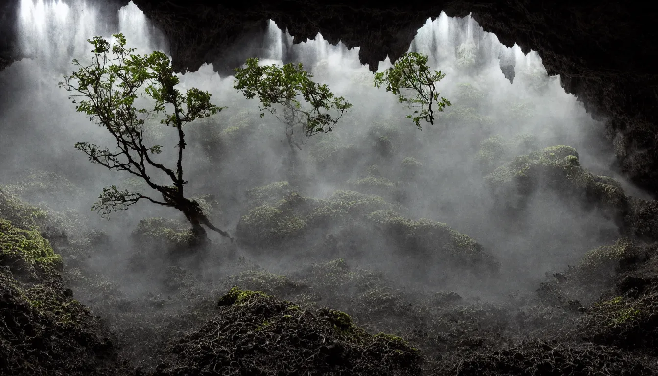 Prompt: inside huge dark wet cave looking out with growing fungal mycelium biodiversity all round ,deep boiling pools of water reflecting the surfaces around them spraying steam high into the air , futuristic cities emerge in between the rock formations, dramatic dusk illuminates areas and cast strong shadows, volumetric light through the boiling mist ,detailed entangled fibres carpet the fallen rocks , tree roots puncture and crack rocks , stormy clouds gather in the distance ,full colour , upscale , 8k