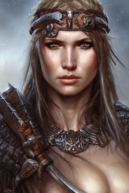 Image similar to head and shoulders portrait of a barbarian, female, high fantasy, dnd, face details, extremely detailed, smooth, sharp focus, digital illustration, by luis royo, magali villeneuve, donato giancola, wlop, krenz cushart, artgerm