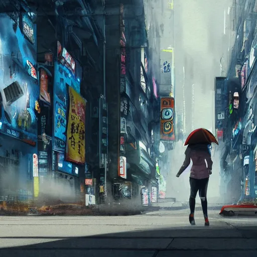 Image similar to incredible wide screenshot, ultrawide, simple watercolor, rough paper texture, ghost in the shell movie scene, backlit distant shot of girl in a parka running from a giant robot invasion side view, yellow parasol in deserted dusty shinjuku junk town, broken vending machines, bold graphic graffiti, old pawn shop, bright sun bleached ground, mud, fog, dust, windy, scary robot monster lurks in the background, ghost mask, teeth, animatronic, black smoke, pale beige sky, junk tv, texture, brown mud, dust, tangled overhead wires, telephone pole, dusty, dry, pencil marks, genius party,shinjuku, koji morimoto, katsuya terada, masamune shirow, tatsuyuki tanaka hd, 4k, remaster, dynamic camera angle, deep 3 point perspective, fish eye, dynamic scene