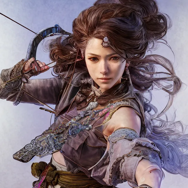 Image similar to the portrait of lawful neutral semi - colorful female archer huntress as absurdly beautiful, gorgeous, elegant, young woman, an ultrafine hyperdetailed illustration by kim jung gi, irakli nadar, intricate linework, bright colors, octopath traveler, final fantasy, unreal engine 5 highly rendered, global illumination, radiant light, detailed and intricate environment