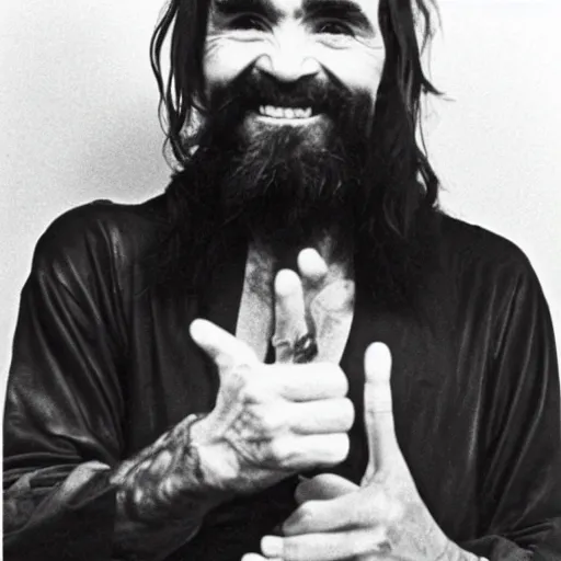 Prompt: Photo of Charles Manson smiling and giving the peace sign, circa 1970