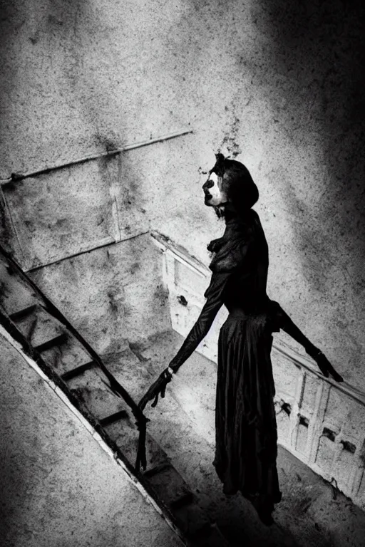 Prompt: dark ballerina, emil melmoth, concept art, deviantart, dark, 3 5 mm, chiaroscuro, surrealist, victorian, mist, dark down a basement stairs see from above