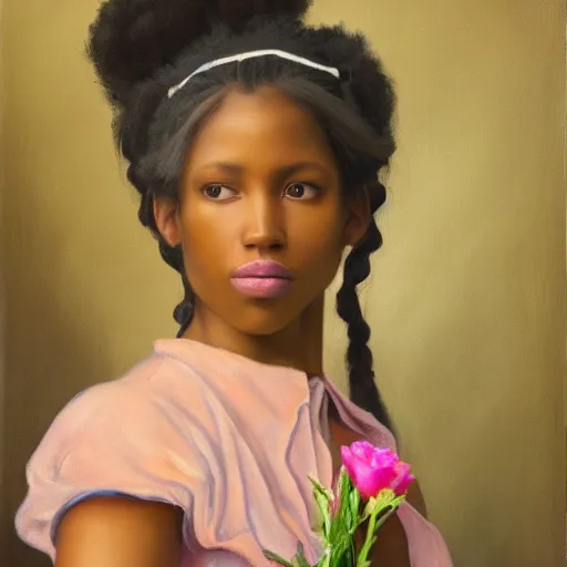 Prompt: beautiful brown skinned woman, with pigtails, holding flowers, hyper realism, muted colours, rococo, portrait