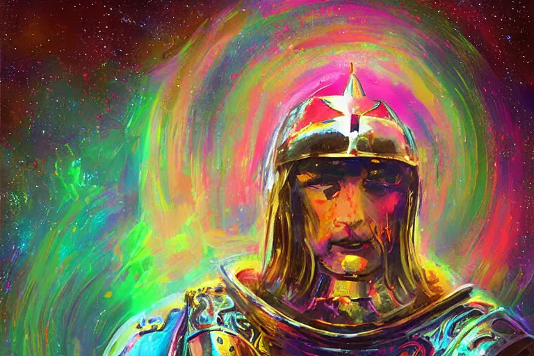 Image similar to digital art of a spiritual medieval knight looking up at the stars, acrylic art, universe, painting, pastel colors, synthwave, retro, cyberpunk,