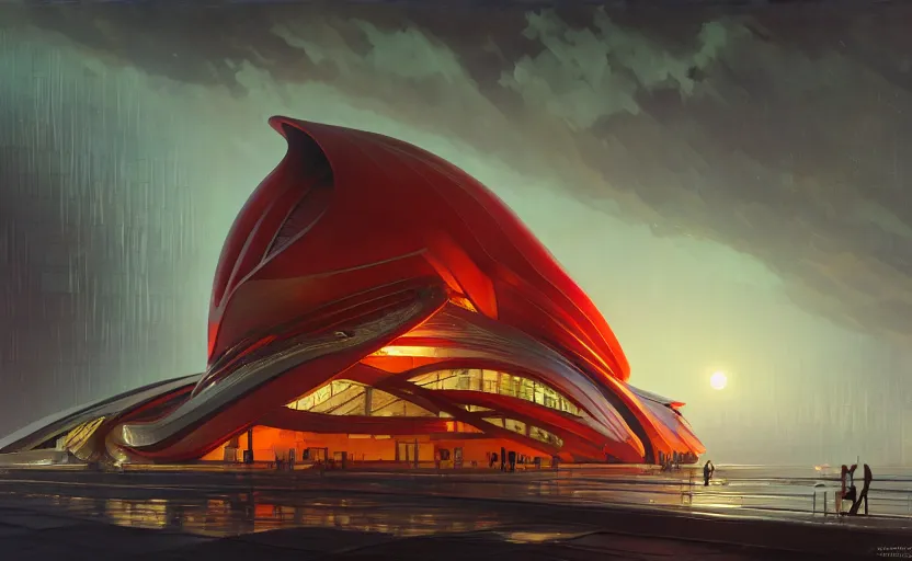 Image similar to exterior shot of utopian architecture red building with cinematic lighting by zaha hadid and renzo piano, darek zabrocki and greg ruthkowski, alphonse mucha, simon stalenhag, cinematic, stars, beautiful, holy place, paradise, scifi, futurism, atmospheric, concept art, artstation, trending on artstation