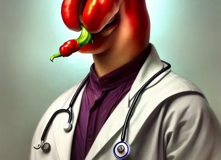 Image similar to anthropomorphic pepper wearing a white doctor's uniform, diffuse lighting, fantasy, hospital background, intricate, elegant, highly detailed, lifelike, photorealistic, digital painting, artstation, illustration, concept art, smooth, sharp focus, art by frank frazetta and marco bucci and loish and rossdraws and artgerm and alphonse mucha