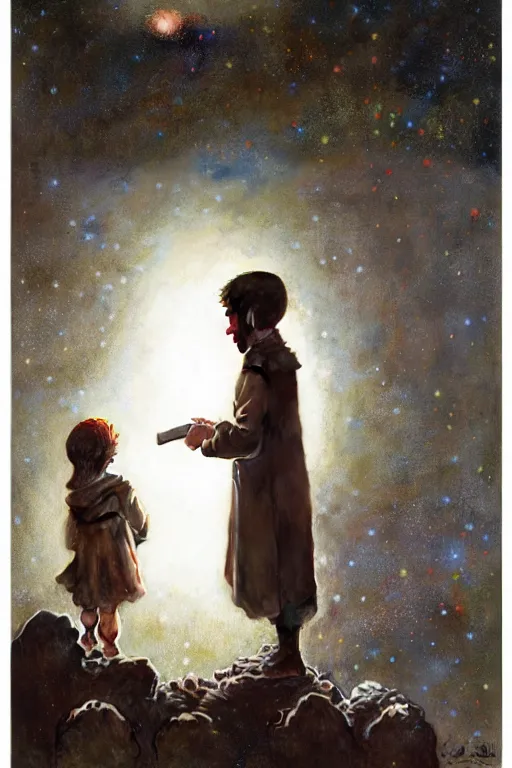 Prompt: a 1 5 year old boy and 2 year old girl looking at a wall and viewing the universe full of galaxies, part by norman rockwell, part by greg rutkowski, part by mattias adolfsson, high angle, ( ( ( ( volumetric lighting ) ) ) ), oil on canvas