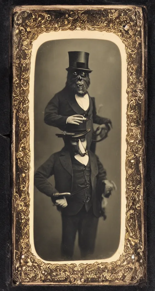 Image similar to a vintage wet plate portrait of a dignified bigfoot with a top hat and cane, extremely detailed