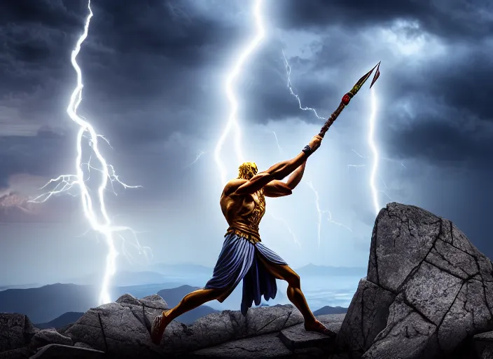 Prompt: zeus fighting chronos with a spear of lightning at the top of mount olympus. mythology style. highly detailed 8 k. intricate. lifelike. soft light. sony a 7 r iv 5 5 mm. [ cinematic post - processing ].