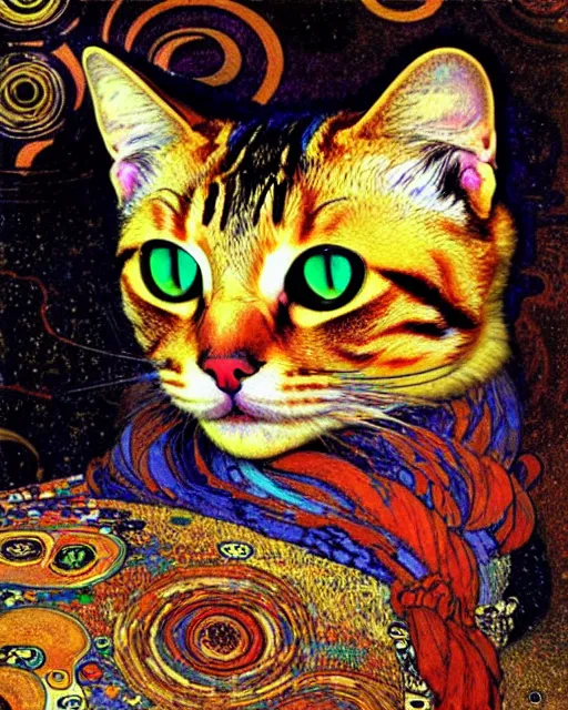 Image similar to cat portrait an oil painting splashes with many colors and shapes by gustav klimt greg rutkowski and alphonse mucha, polycount, generative art, psychedelic, fractalism, glitch art