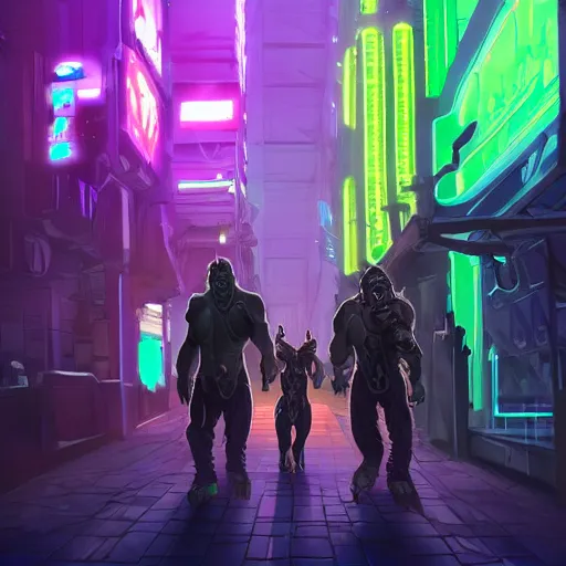 Prompt: 2 orcs in a fantasy cyberpunk city with neon lights