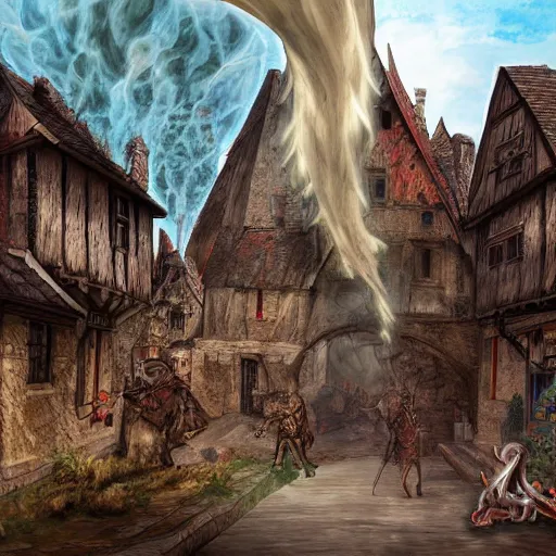 Prompt: medieval town destroyed by a dragon, artwork, smoke, fire, digital art